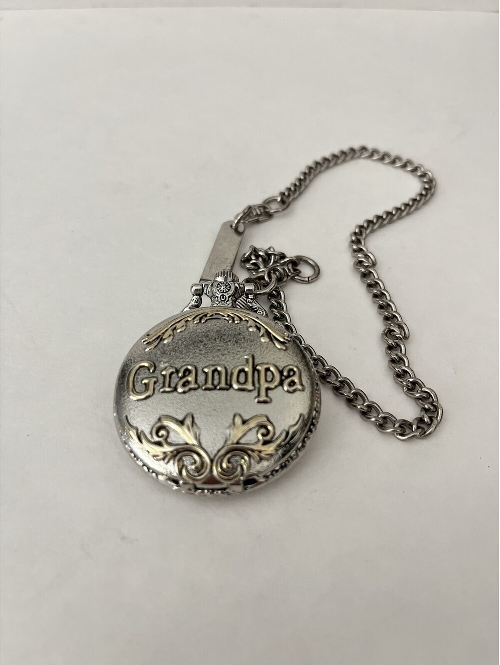 VINTAGE "Grandpa" Pocket Watch with Chain Silver And Gold Mixed Tones Engraved